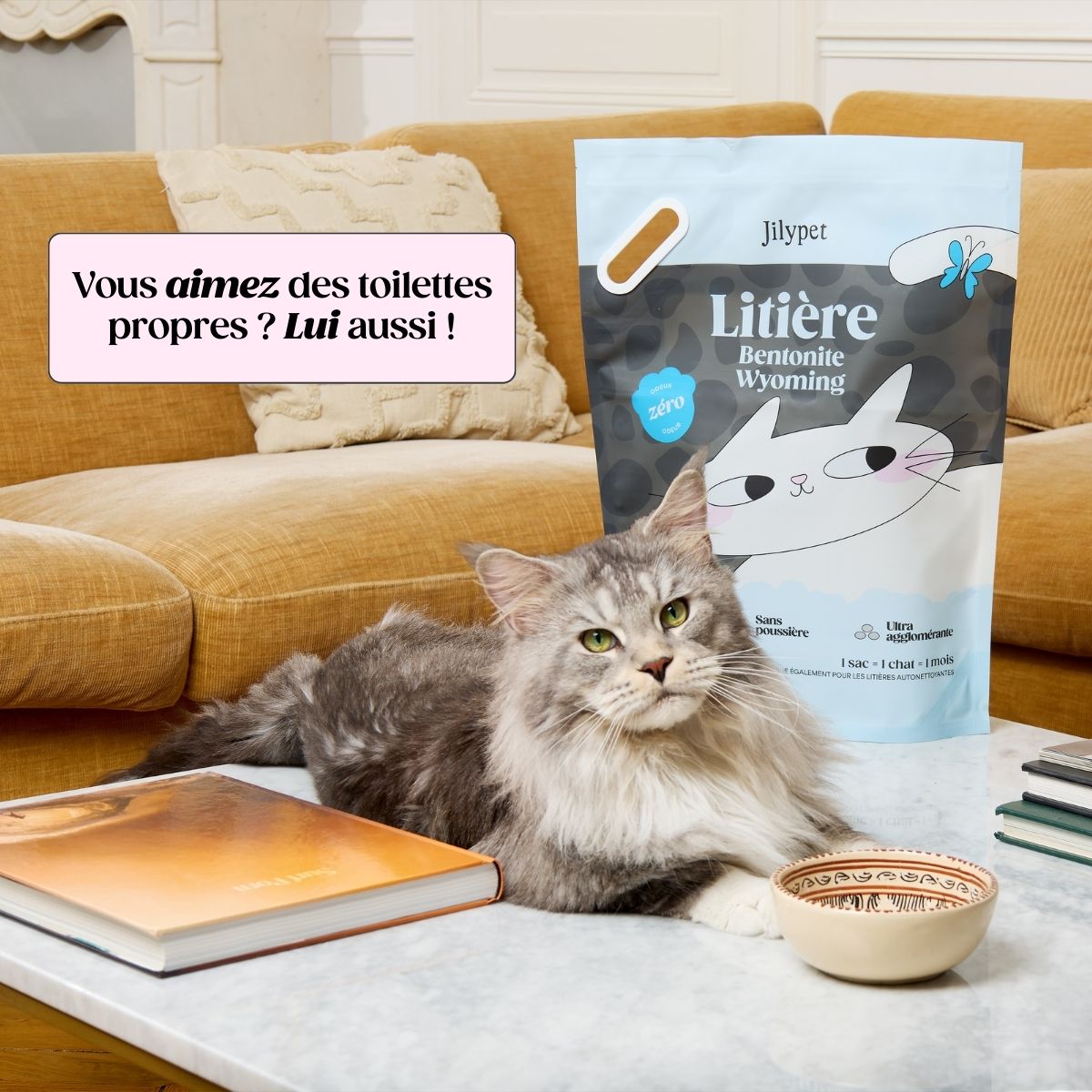 Litière naturelle Jilypet : un sac assure 35 jours complets de propreté pour un chat.