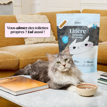 Litière naturelle Jilypet : un sac assure 35 jours complets de propreté pour un chat.